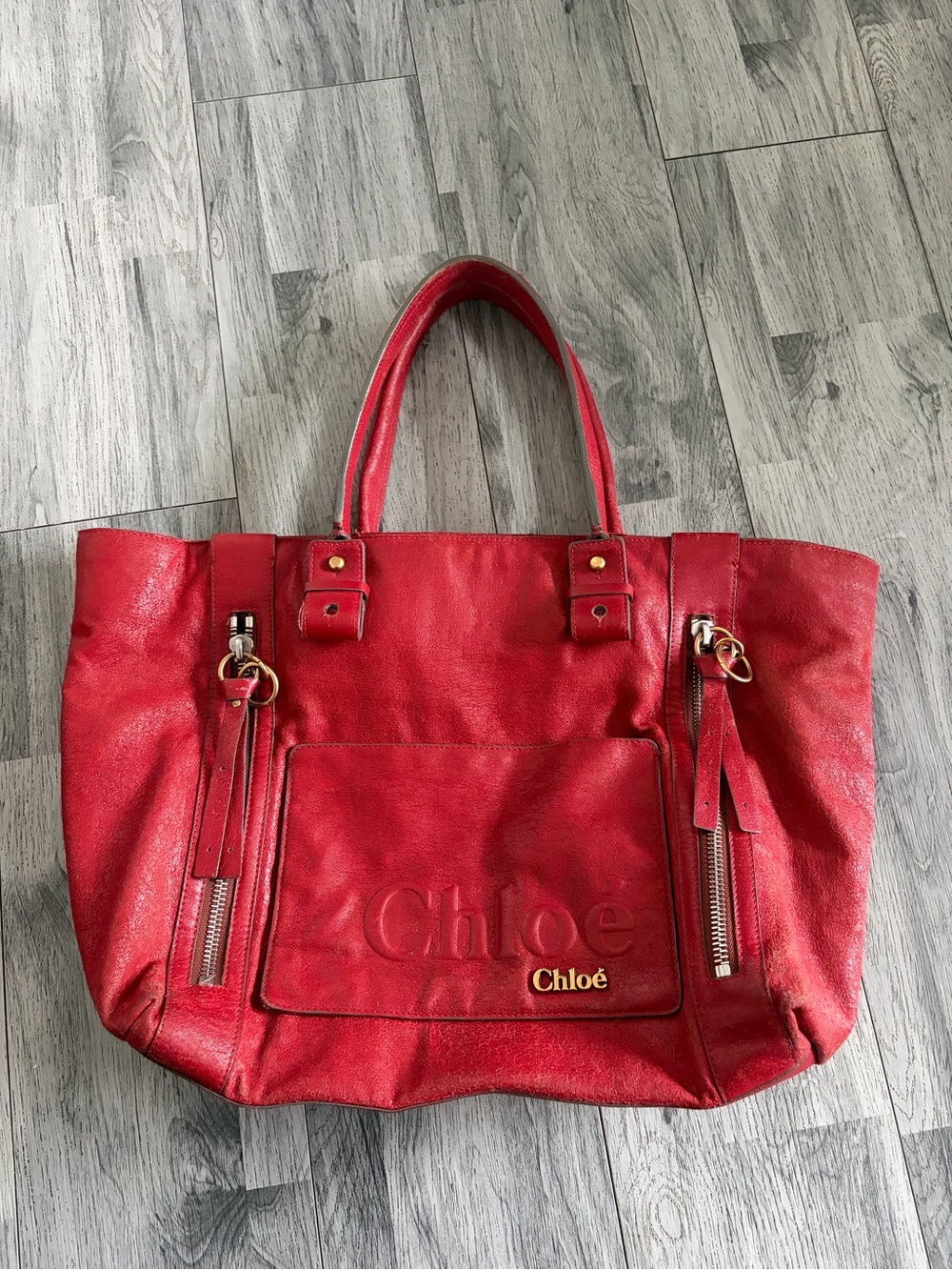Chloé Eclipse Oversized Red Leather Tote with Gold Accents